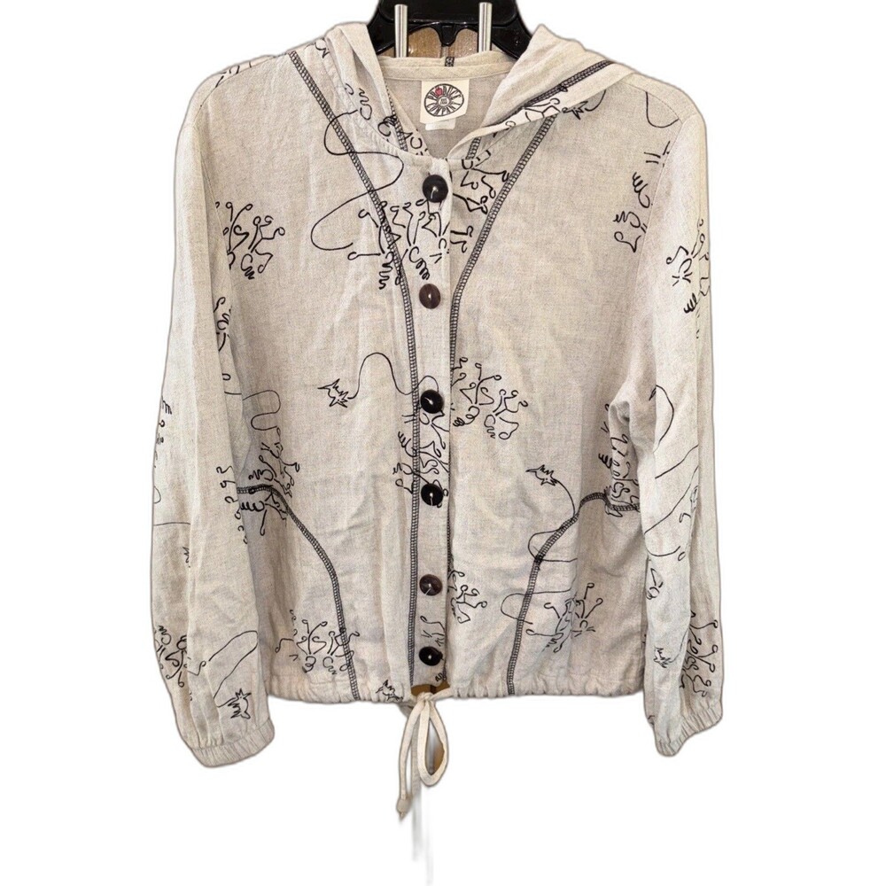 Produce Company Women Hooded Jacket People Dog Doodle Print Ivory L Button - Picture 2 of 10